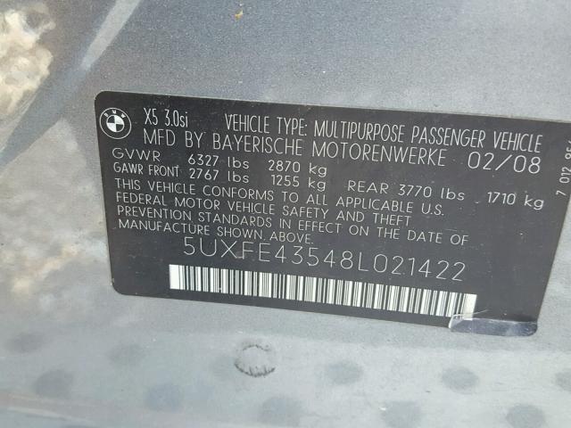 5UXFE43548L021422 - 2008 BMW X5 3.0I GRAY photo 10