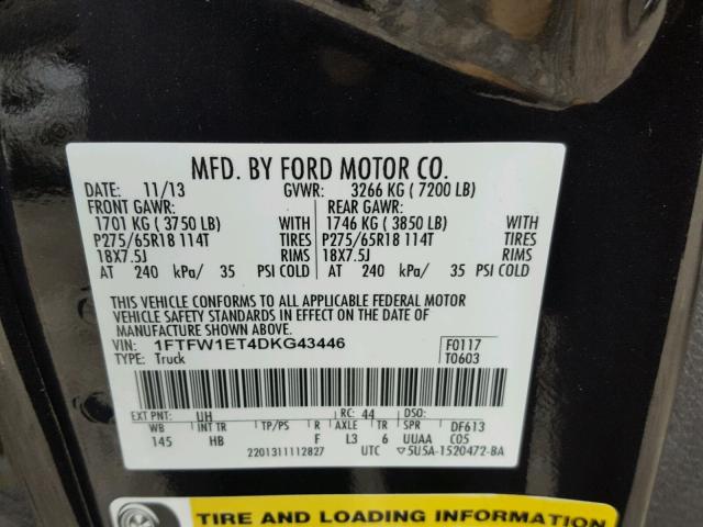 1FTFW1ET4DKG43446 - 2013 FORD F150 SUPER BLACK photo 10