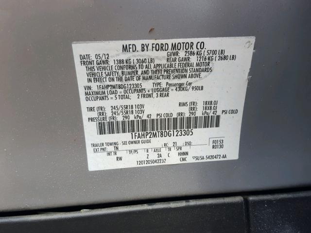 1FAHP2MT8DG123305 - 2013 FORD TAURUS POL SILVER photo 10