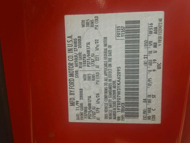 1FTRF07W3YKA62895 - 2000 FORD F150 RED photo 10