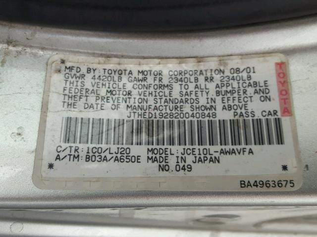 JTHED192820040848 - 2002 LEXUS IS 300 SPO SILVER photo 10