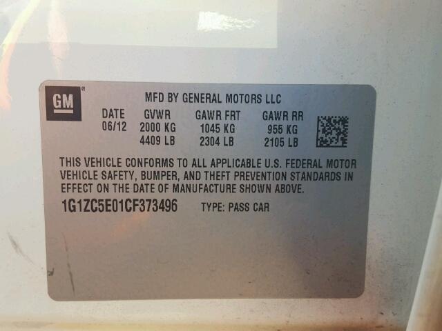 1G1ZC5E01CF373496 - 2012 CHEVROLET MALIBU 1LT 白色 照片 10