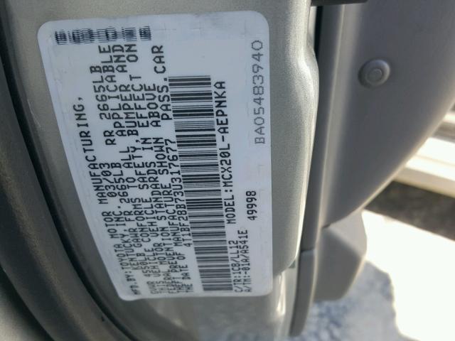 4T1BF28B73U317677 - 2003 TOYOTA AVALON XL GRAY photo 10