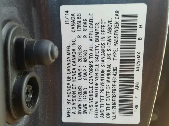 2HGFB2F92FH514282 - 2015 HONDA CIVIC EXL ნაცრისფერი ფოტო 10