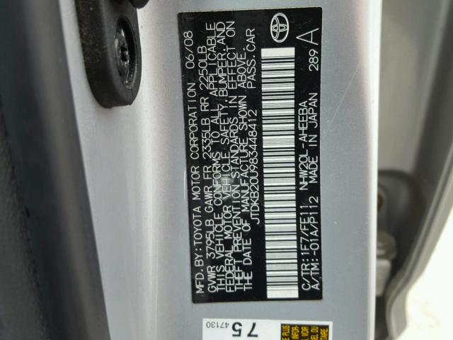 JTDKB20U983448412 - 2008 TOYOTA PRIUS 银色 照片 10