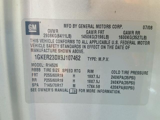 1GKER23DX9J107462 - 2009 GMC ACADIA SLT SILVER photo 10