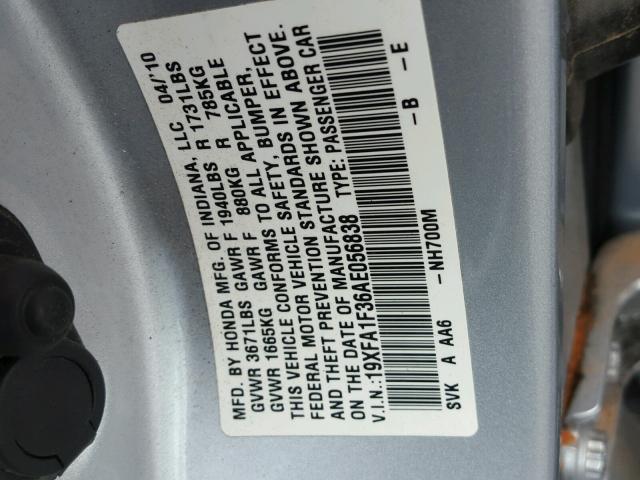 19XFA1F36AE056838 - 2010 HONDA CIVIC SILVER photo 10