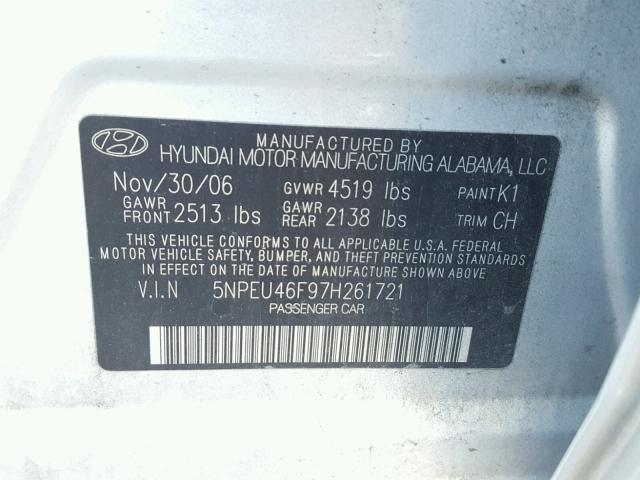 5NPEU46F97H261721 - 2007 HYUNDAI SONATA SE SILVER photo 10