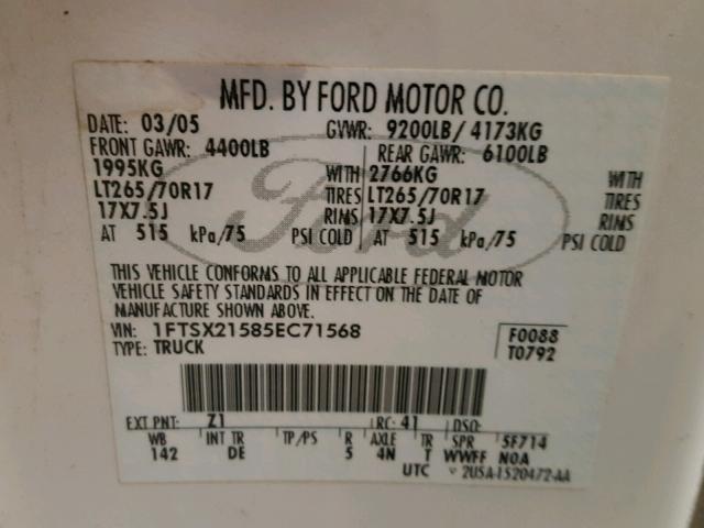 1FTSX21585EC71568 - 2005 FORD F250 WHITE photo 9