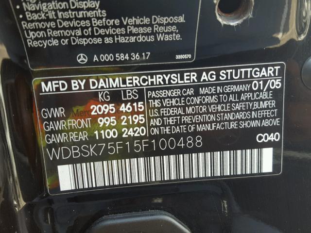 WDBSK75F15F100488 - 2005 MERCEDES-BENZ SL BLACK photo 10