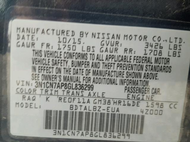 3N1CN7AP8GL836299 - 2016 NISSAN VERSA S BLUE photo 10