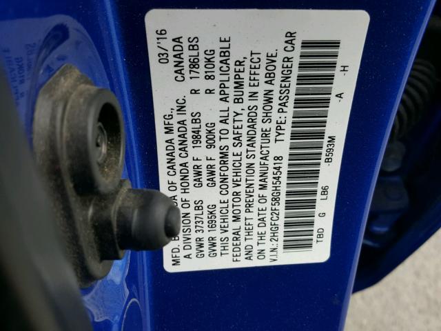 2HGFC2F58GH545418 - 2016 HONDA CIVIC LX BLUE photo 10