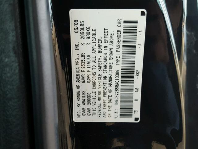 1HGCS22858A013386 - 2008 HONDA ACCORD EXL BLACK photo 10