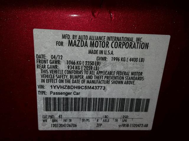 1YVHZ8DH9C5M43773 - 2012 MAZDA 6 I RED photo 10