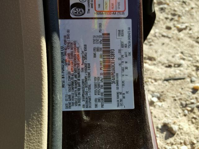 3FAHP0JAXCR143893 - 2012 FORD FUSION SEL MAROON photo 10