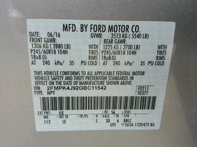 2FMPK4J92GBC11542 - 2016 FORD EDGE SEL SILVER photo 10