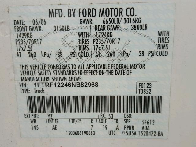 1FTRF12246NB82968 - 2006 FORD F150 WHITE photo 10