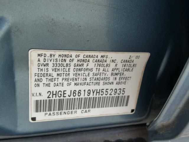 2HGEJ6619YH552935 - 2000 HONDA CIVIC BASE 蓝色 照片 10