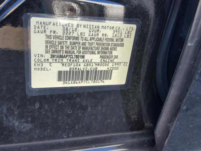 3N1AB6AP7CL780196 - 2012 NISSAN SENTRA 2.0 BLACK photo 10