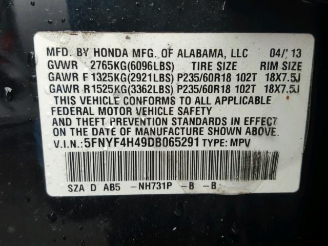 5FNYF4H49DB065291 - 2013 HONDA PILOT EX BLACK photo 10