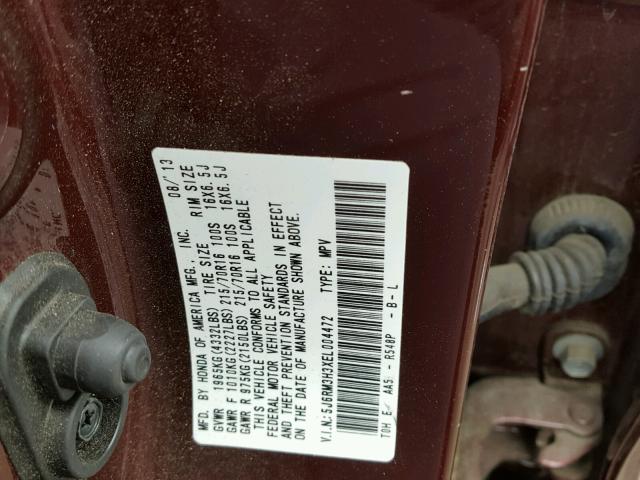 5J6RM3H3XEL004472 - 2014 HONDA CR-V LX RED photo 10