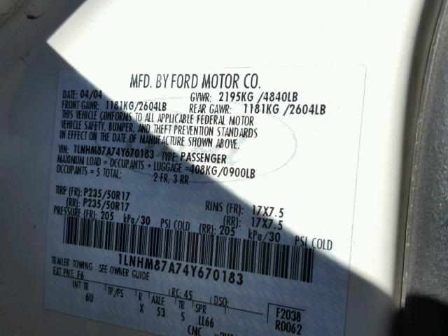 1LNHM87A74Y670183 - 2004 LINCOLN LS 白色 照片 10