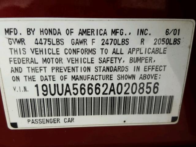 19UUA56662A020856 - 2002 ACURA 3.2TL BURGUNDY photo 10