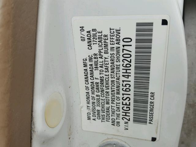 2HGES16514H620710 - 2004 HONDA CIVIC WHITE photo 10