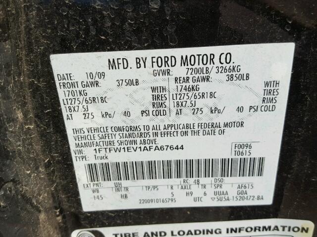 1FTFW1EV1AFA67644 - 2010 FORD F150 SUPER BLACK photo 10