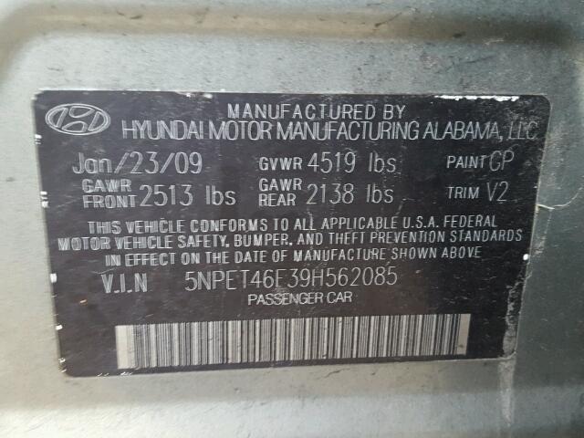 5NPET46F39H562085 - 2009 HYUNDAI SONATA GLS GREEN photo 10