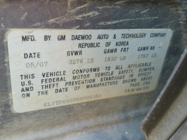 KL1TD66698B009383 - 2008 CHEVROLET AVEO BASE SILVER photo 10