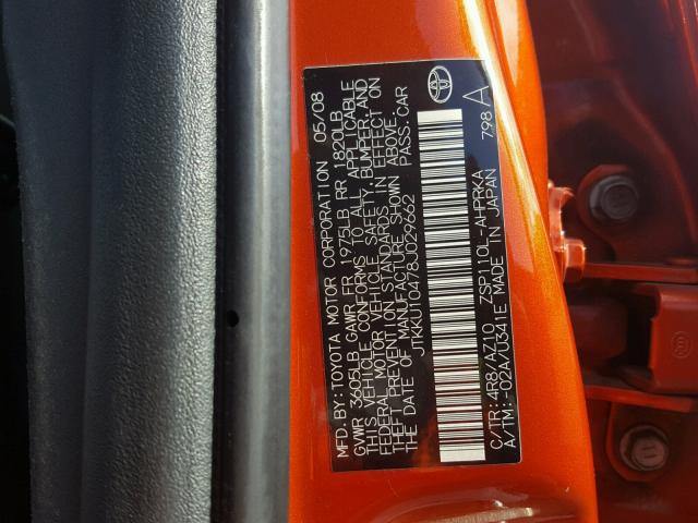 JTKKU10478J029662 - 2008 TOYOTA SCION XD ORANGE photo 10