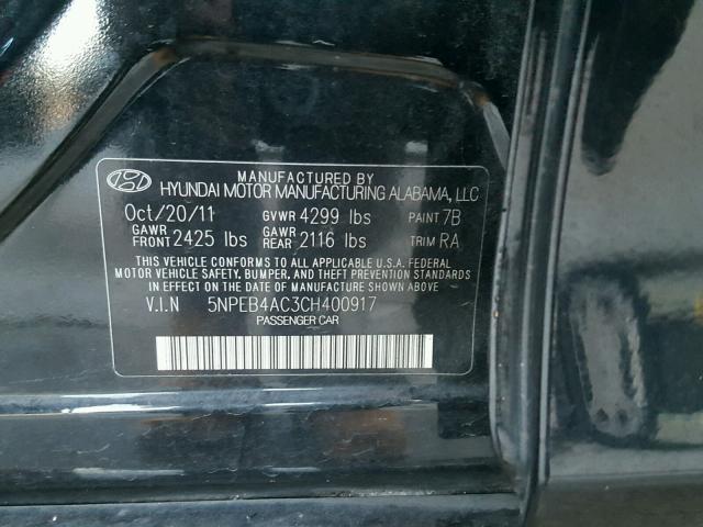 5NPEB4AC3CH400917 - 2012 HYUNDAI SONATA BLACK photo 10