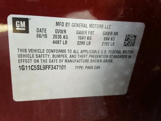 1G11C5SL9FF347101 - 2015 CHEVROLET MALIBU 1LT MAROON photo 10