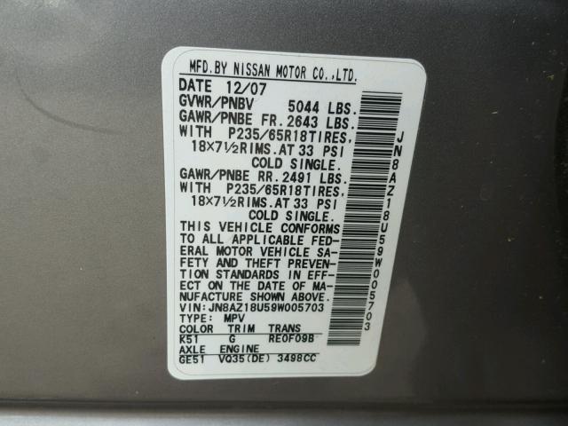 JN8AZ18U59W005703 - 2009 NISSAN MURANO S CHARCOAL photo 10