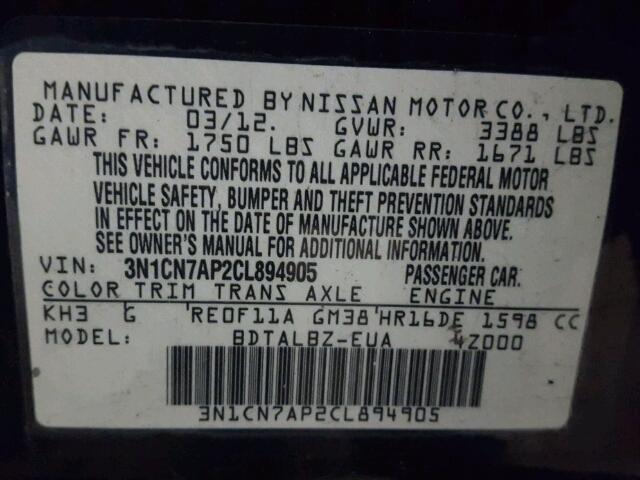 3N1CN7AP2CL894905 - 2012 NISSAN VERSA S BLACK photo 10