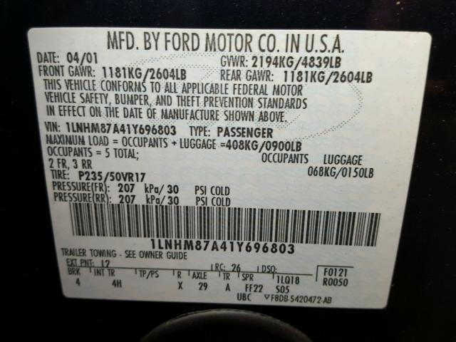 1LNHM87A41Y696803 - 2001 LINCOLN LS 黑色 照片 10