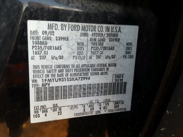 1FMYU93153KA72994 - 2003 FORD ESCAPE BLACK photo 10