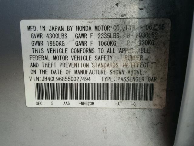 JH4CL96855C027494 - 2005 ACURA TSX SILVER photo 10