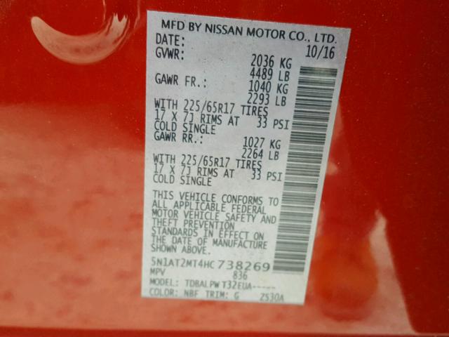 5N1AT2MT4HC738269 - 2017 NISSAN ROGUE S RED photo 10