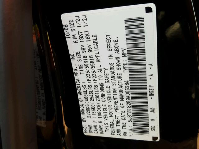 5J8TB18289A006284 - 2009 ACURA RDX BLACK photo 10