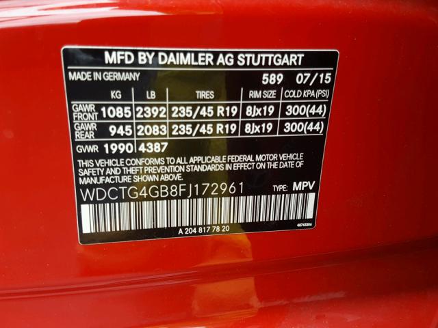 WDCTG4GB8FJ172961 - 2015 MERCEDES-BENZ GLA 250 4M RED photo 10