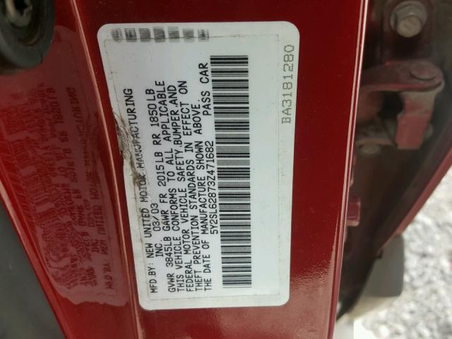 5Y2SL62873Z471682 - 2003 PONTIAC VIBE RED photo 10