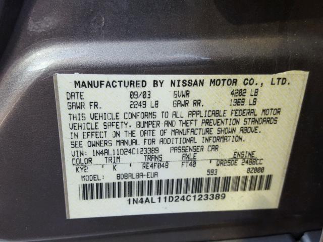 1N4AL11D24C123389 - 2004 NISSAN ALTIMA BAS GRAY photo 10