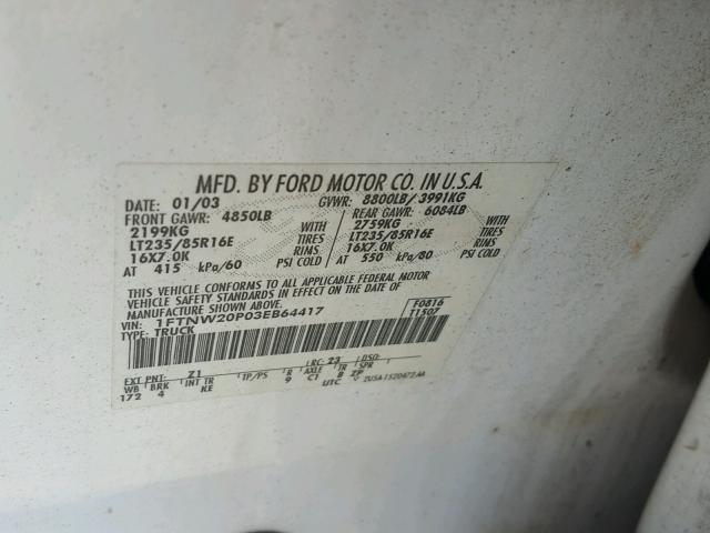 1FTNW20P03EB64417 - 2003 FORD F250 WHITE photo 10