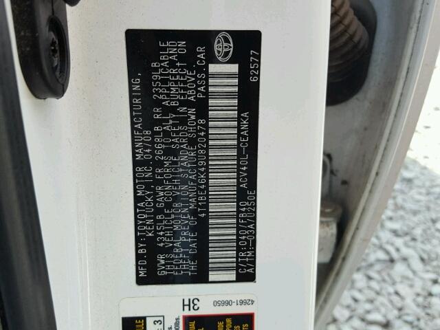 4T1BE46K49U820478 - 2009 TOYOTA CAMRY BASE WHITE photo 10