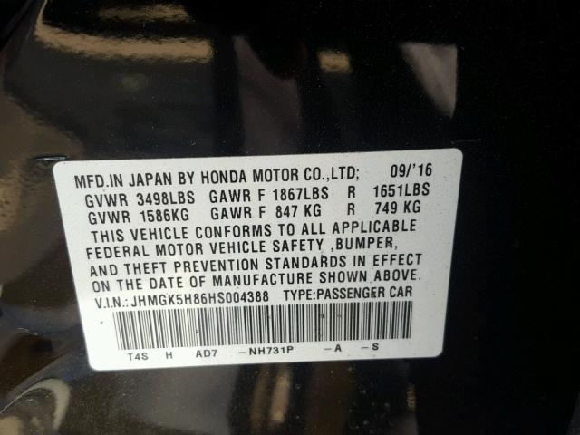 JHMGK5H86HS004388 - 2017 HONDA FIT EX BLACK photo 10