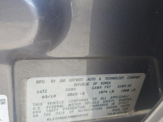 KL1TD5DE1AB099722 - 2010 CHEVROLET AVEO LS GRAY photo 10