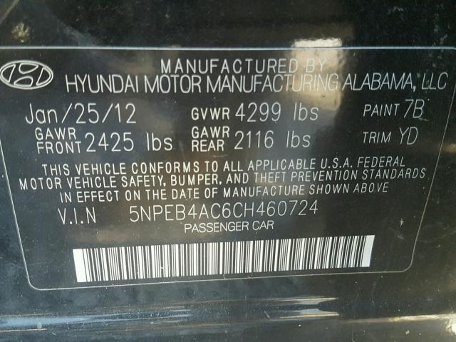 5NPEB4AC6CH460724 - 2012 HYUNDAI SONATA BLACK photo 10