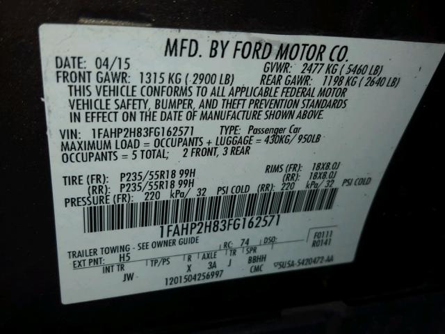 1FAHP2H83FG162571 - 2015 FORD TAURUS SEL BROWN photo 10